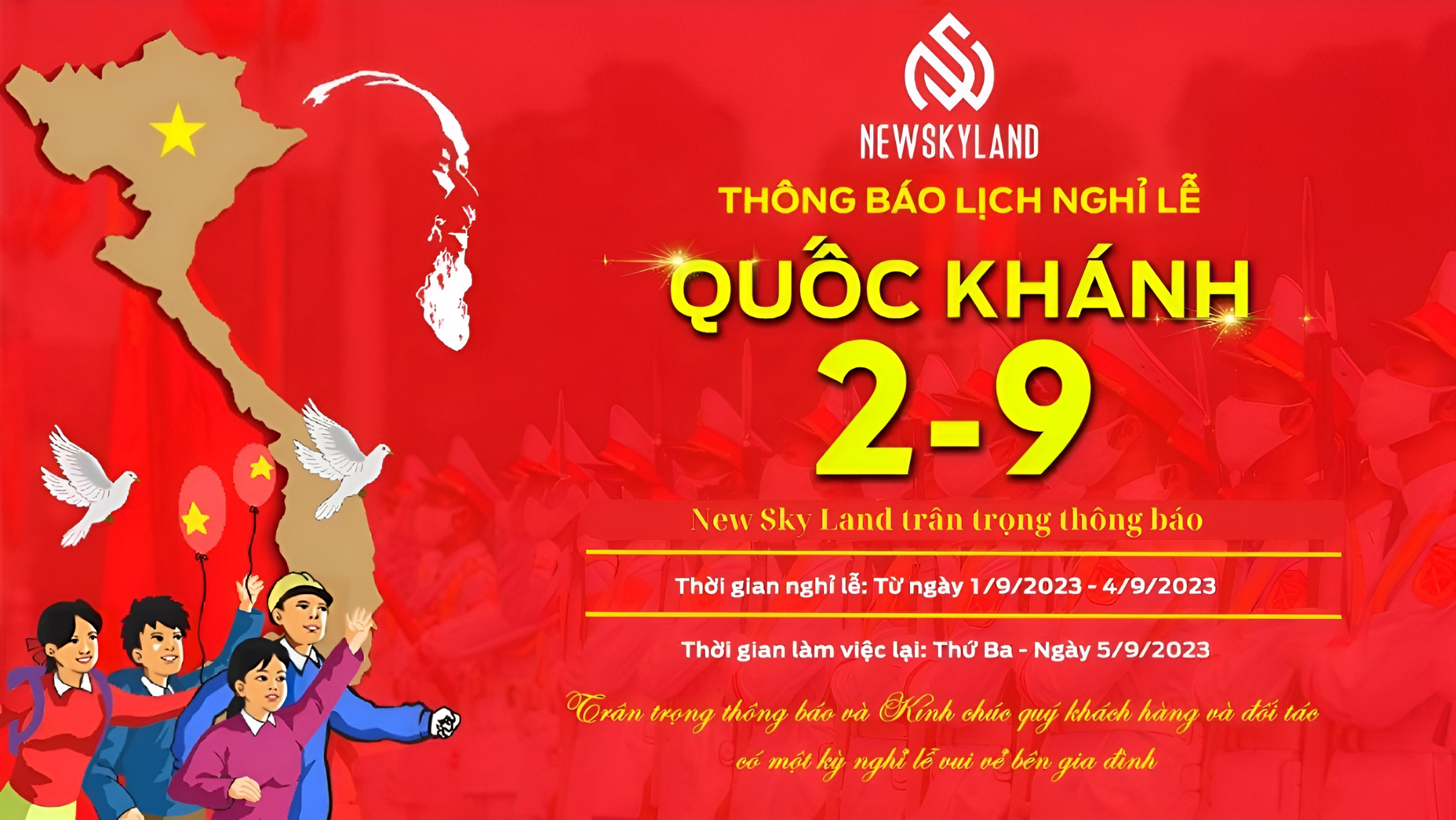 NEW SKY LAND THÔNG BÁO LỊCH NGHỈ LỄ QUỐC KHÁNH 02/09/2023