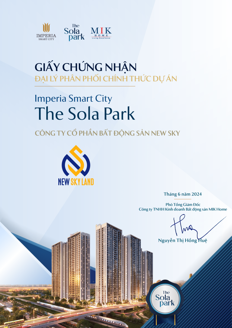 Chứng nhận Đại lý phân phối chính thức dự án The Sola Park