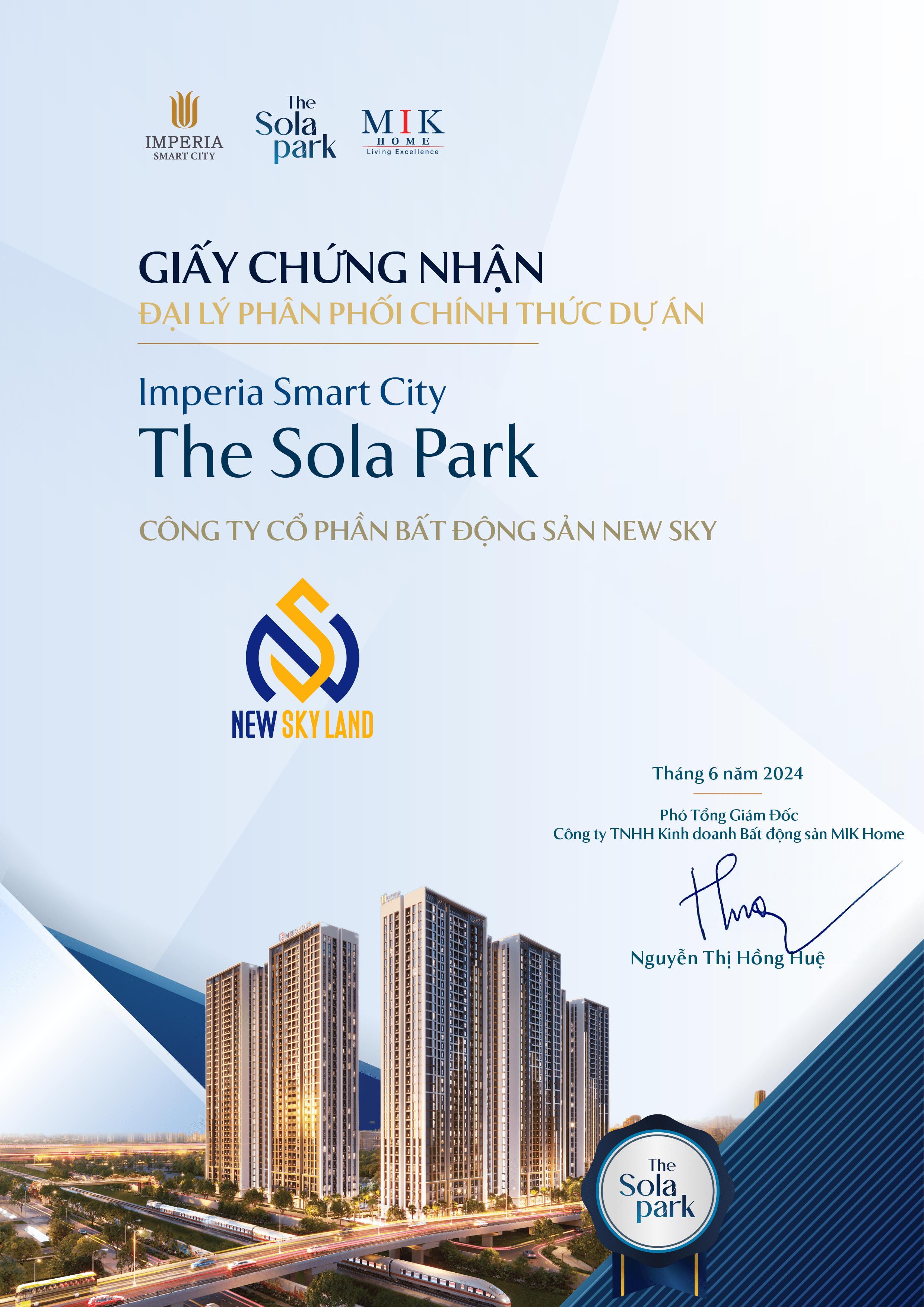 Chứng nhận Đại lý phân phối chính thức dự án The Sola Park